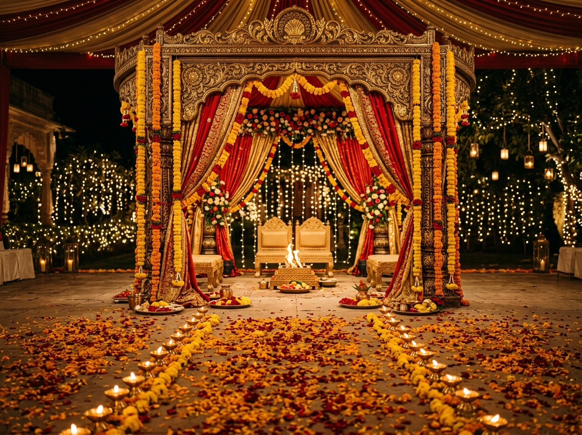 Romantic Fairytale Wedding Banquet Ballroom with Crystal Chandeliers and Floral Canopy